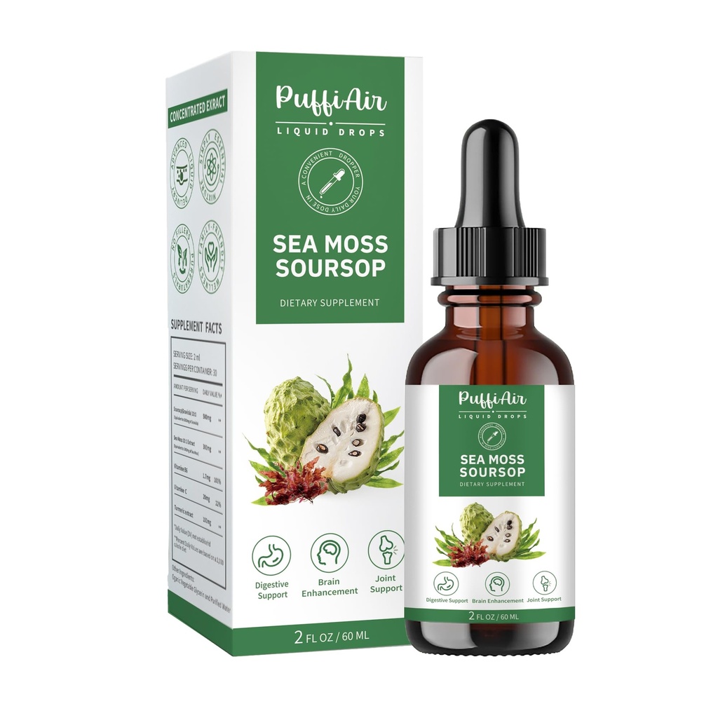 PUFFIAIR Soursop (Graviola) & Sea Moss Liquid Drop for Cell Support & Regeneration, Immune Boost, Relax, Liver and Sleep, Herbal Extract, Sugar/Gluten Free, Natural Flavor, 2 Fl Oz/60ml