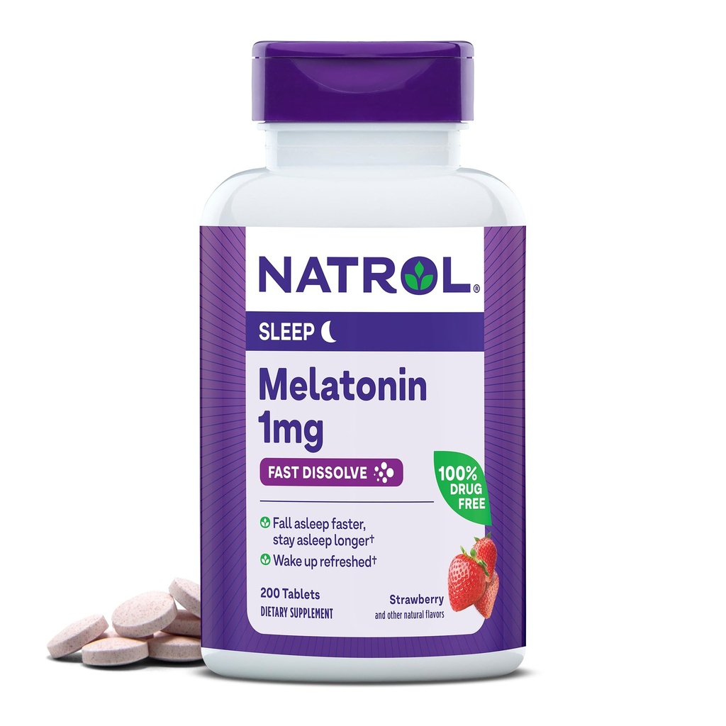 Natrol Fast Dissolve Melatonin 1 mg, Συμπληρώματα για τον Ξεκούραστο Ύπνο, Υποστήριξη για τον Ύπνο για Ενήλικες, 200 φράουλα-Flavored δισκία μελατονίνης, Μέχρι 200 ημέρες προσφοράς