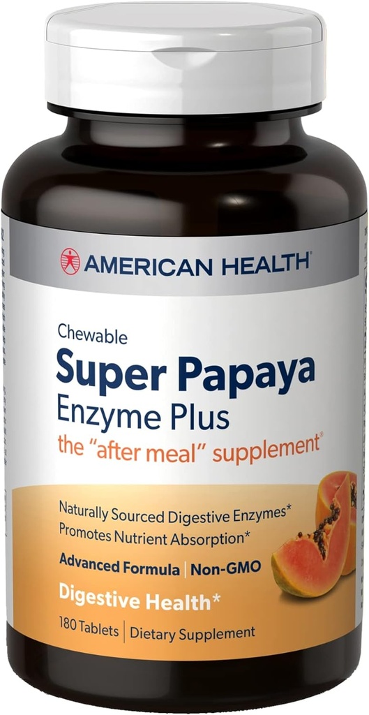 American Health Super Papaya Enzyme Plus - 180 Μασώμενα δισκία - Το συμπλήρωμα μετά το γεύμα - Μη GMO - 60 εξυπηρετήσεις