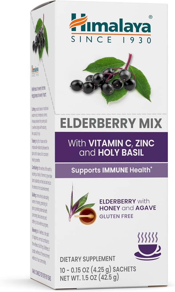 Himalaya Elderberry Mix, συμπλήρωμα μειγμάτων ποτών, ανοσοποιητική υποστήριξη με Elderberry, ψευδάργυρο, βιταμίνη C και Ιερό Βασίλειο, καφεΐνη Χωρίς, 10-0.15 oz (4.3 g) συσκευασίες, εύκολο να αναμειχθεί, χωρίς γλουτένη