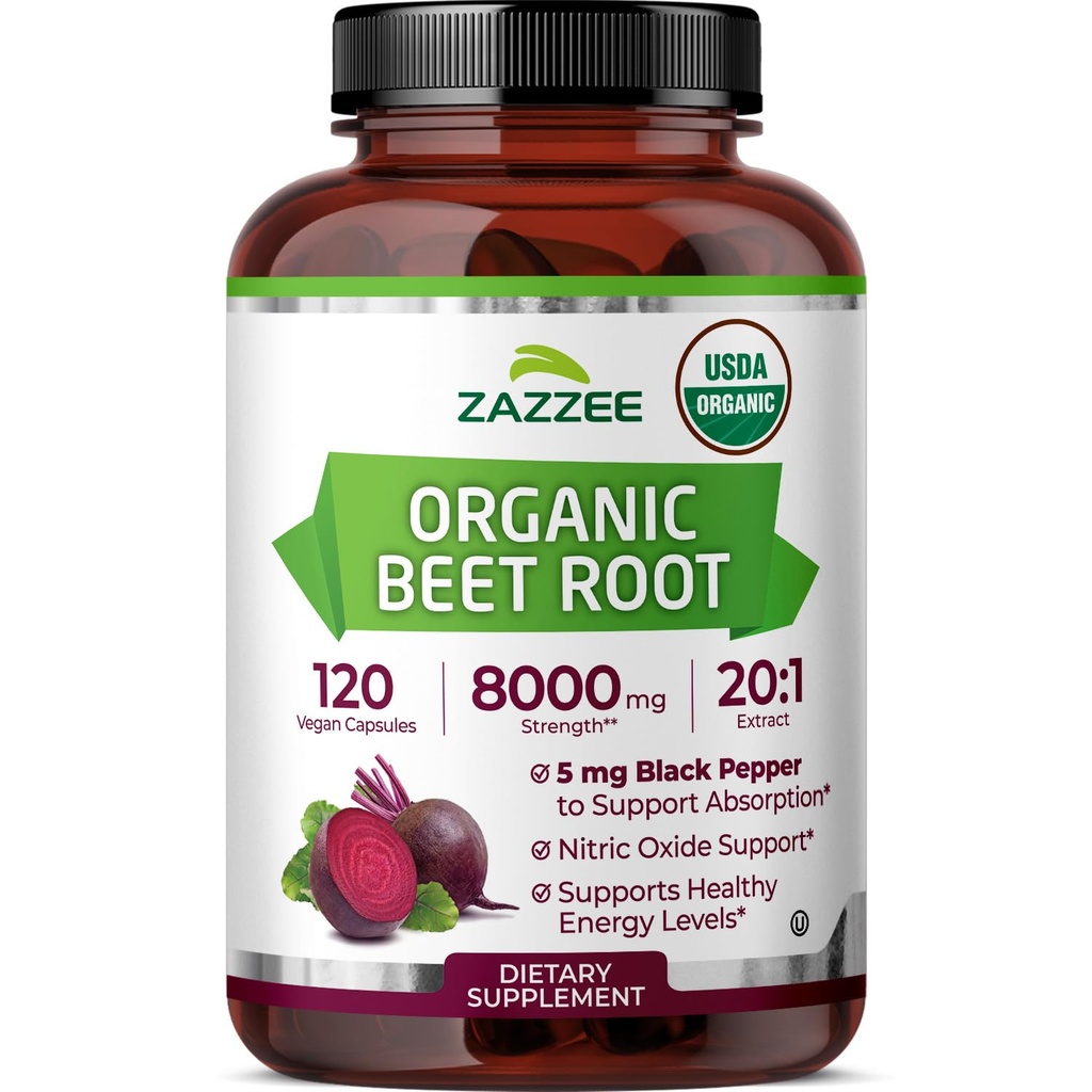 Zazzee USDA Organic Beet Root 8000 mg Strength 20:1 Extract, 120 Vegan Quick Release Capsules, Black Pepper Extract για βελτιωμένη απορρόφηση, υποστηρίζει την παραγωγή νιτρικού οξειδίου, μη GMO, Made in The USA