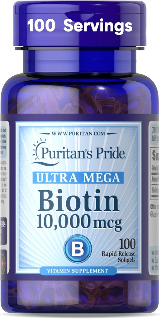 Puritan's Pride Premium Ultra Mega Biotin 10.000mcg, Συμπλήρωμα διατροφής για υγιή μαλλιά, δέρμα, νύχια, και την ενέργεια υποστήριξη μεταβολισμού, 100 ημέρες προσφοράς, 100 Softgels ταχείας απελευθέρωσης