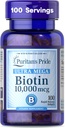 Puritan's Pride Premium Ultra Mega Biotin 10.000mcg, Συμπλήρωμα διατροφής για υγιή μαλλιά, δέρμα, νύχια, και την ενέργεια υποστήριξη μεταβολισμού, 100 ημέρες προσφοράς, 100 Softgels ταχείας απελευθέρωσης