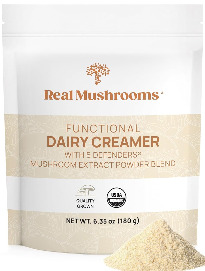 Real Mushrooms Functional Dairy Creamer with Mushroom Extracts – Γλυκασμένη με οργανική σκόνη Lucuma & Maple – Λειτουργική Βιολογική Κρέμα – 90 Σερβιέτες, Τσάι, Smoothie & Coffee Creamer Σκόνη
