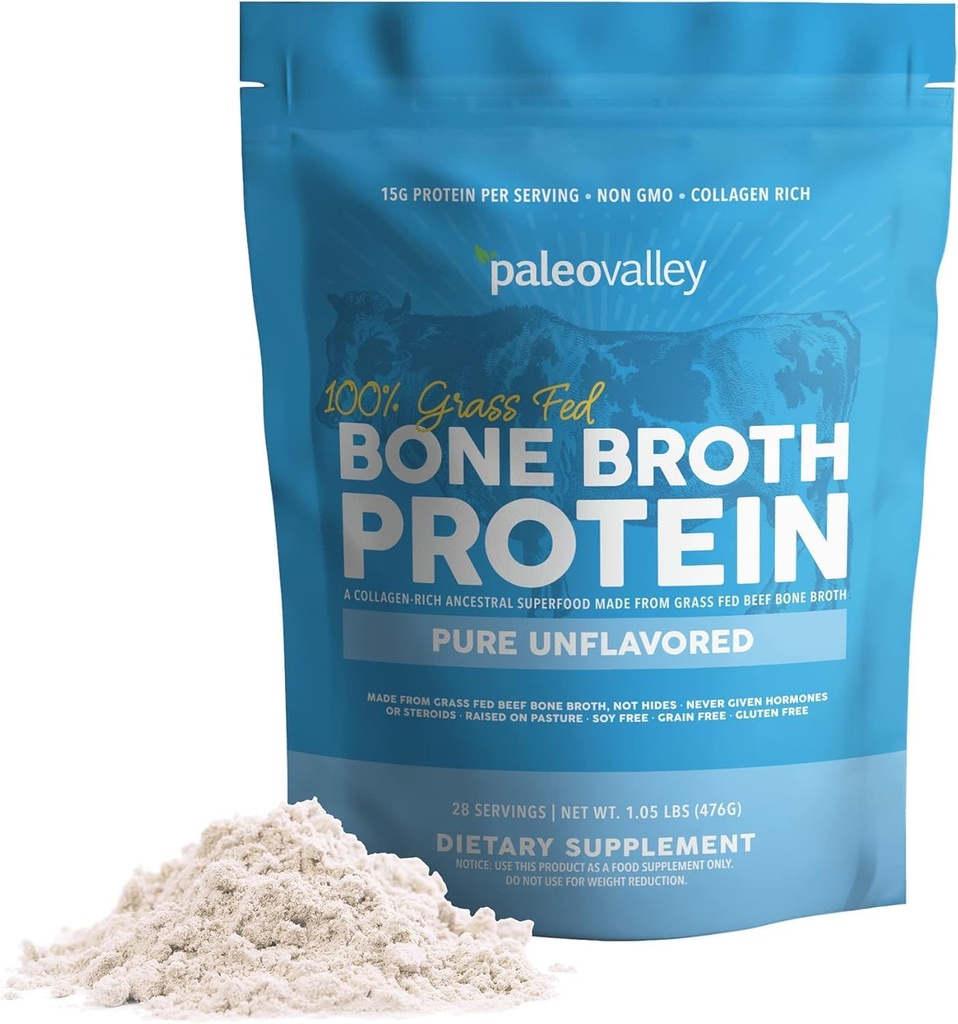 Paleovalley 100% Grass Fed Beef Broth Protein Powder - Πλούσιο σε κολλαγόνο πεπτίδες για τα μαλλιά, το δέρμα, την υγεία των οστούν, και κοινή υποστήριξη - 15g πρωτεΐνη ανά υπηρεσία - Δεν Γλουτένη ή ΓΤΟ
