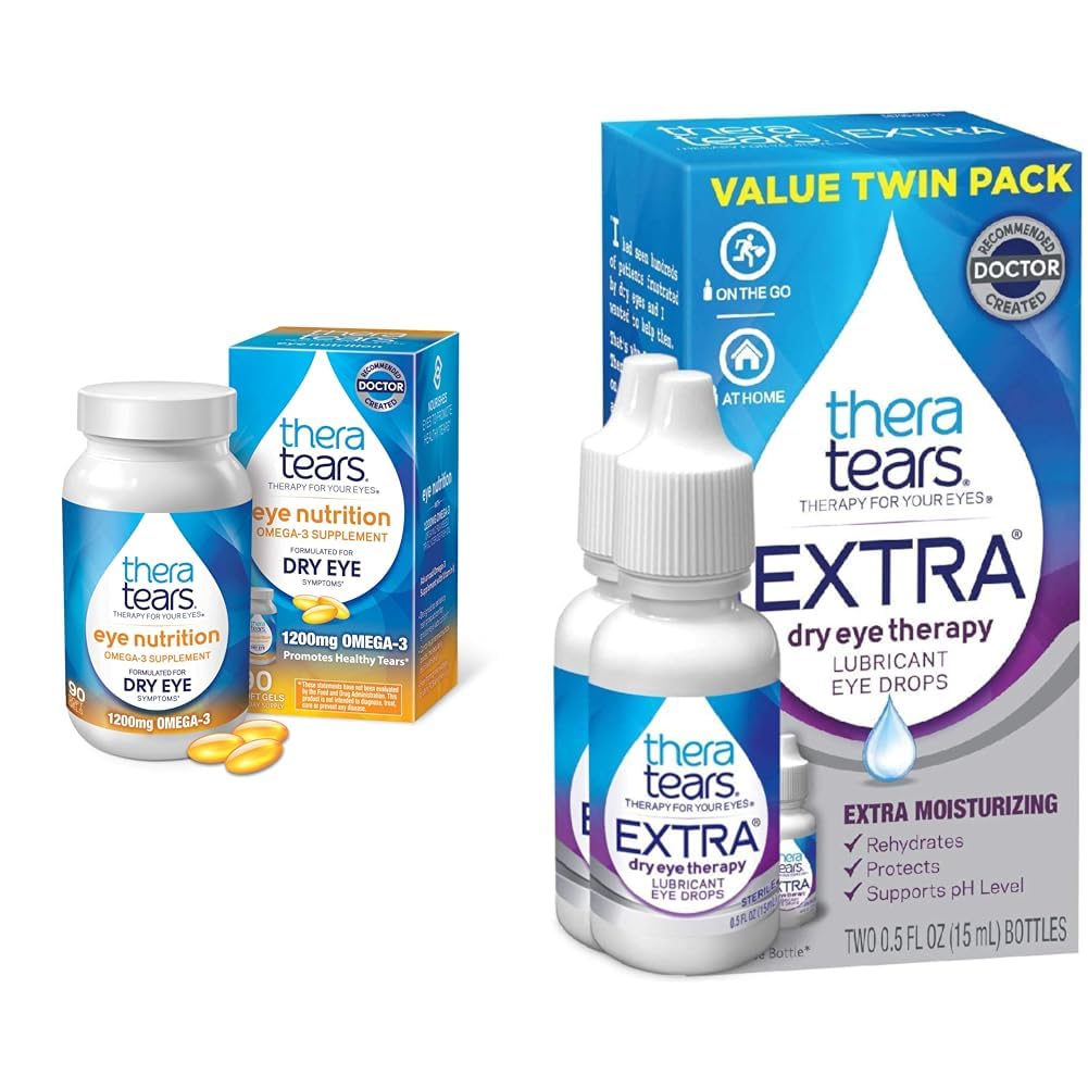 TheraTears Omega 3 Supplement, 1200mg, 90 ct (Pack of 1) & Extra Dry Eye Therapy Lubricating Eye Drops for Dry Eyes, 0.5 fl oz Bottle, 2 Count
