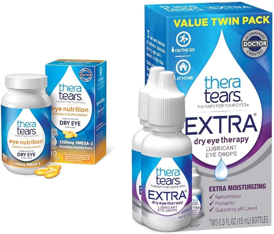 TheraTears Omega 3 Supplement, 1200mg, 90 ct (Pack of 1) & Extra Dry Eye Therapy Lubricating Eye Drops for Dry Eyes, 0.5 fl oz Bottle, 2 Count
