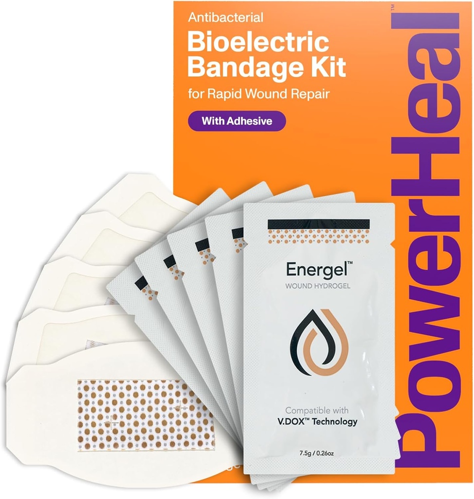 PowerHeal Bioelectric Bandage Kit for Wound Care & Fast Healing – 3-Layers w/Bioelectric Pad, Absorbent Pad, Adhesive + Wound Hydrogel – για περικοπές, εκδορές, blisters, Burns – 5-Pack, 2.3" x 3,5"