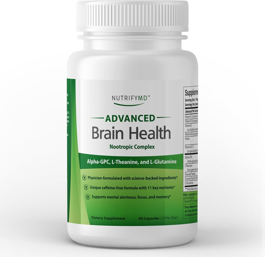 Advanced Brain Health Supplement with Alpha GPC, L-Theanine, L-Glutamine for Memory and Focus - 90 Capsules