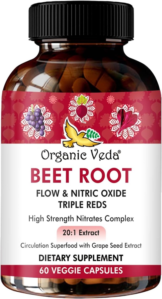 Βιολογικό Veda Beet Root Triple Reds Flow & Nitric Oxide Supplement, 20:1 Extract - High Strength Nitrates Συμπληρώματα με Super Red Foods Beetroot, Ρόδι, εκχύλισμα Red Spinach, 60 Κάψουλες