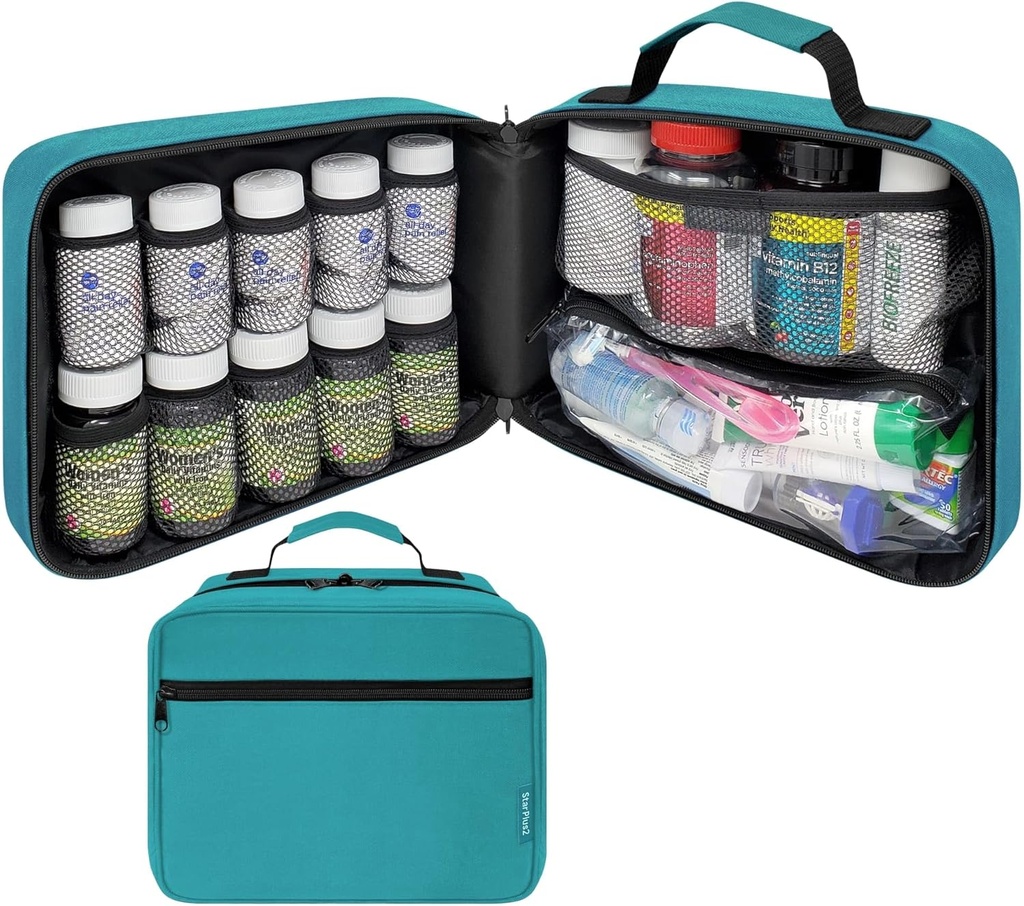 Μεγάλες Packed Pill Bottle Organizer, Τσάντα Ιατρικής, Θήκη, Carrier για Φάρμακα, Βιταμίνες, και Ιατρικές Προμήθειες - Travel Medicine Organizer και Home Storage Med Bag - Turquoise (Χωρίς Κλείδωμα)