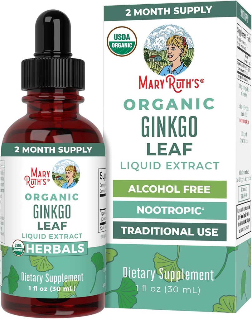 MaryRuth Organics Ginkgo Leaf Liquid Drops | Herbal Supplement | Nootropic | Circulatory System & Nervous System Health | USDA Organic | Non-GMO | Vegan | 60 Servings