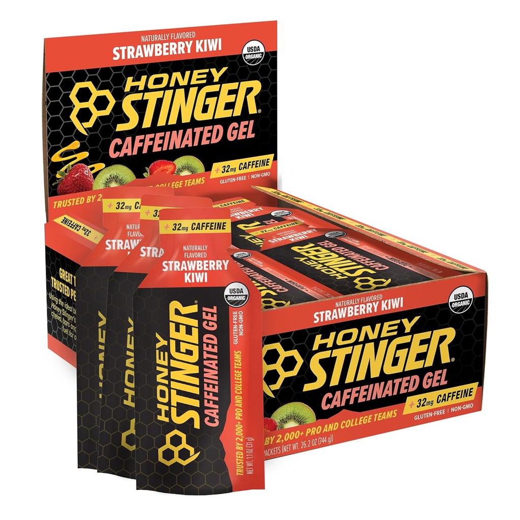Μέλι Stinger Organic Strawberry Kiwi Energy Gel, Caffeinated & Gluten Free, για άσκηση, τρέξιμο και απόδοση, Αθλητική Διατροφή για το σπίτι & Γυμναστήριο, Προ και μέση προπόνηση, 12 Πακέτο, 13.2 Ουγγιά