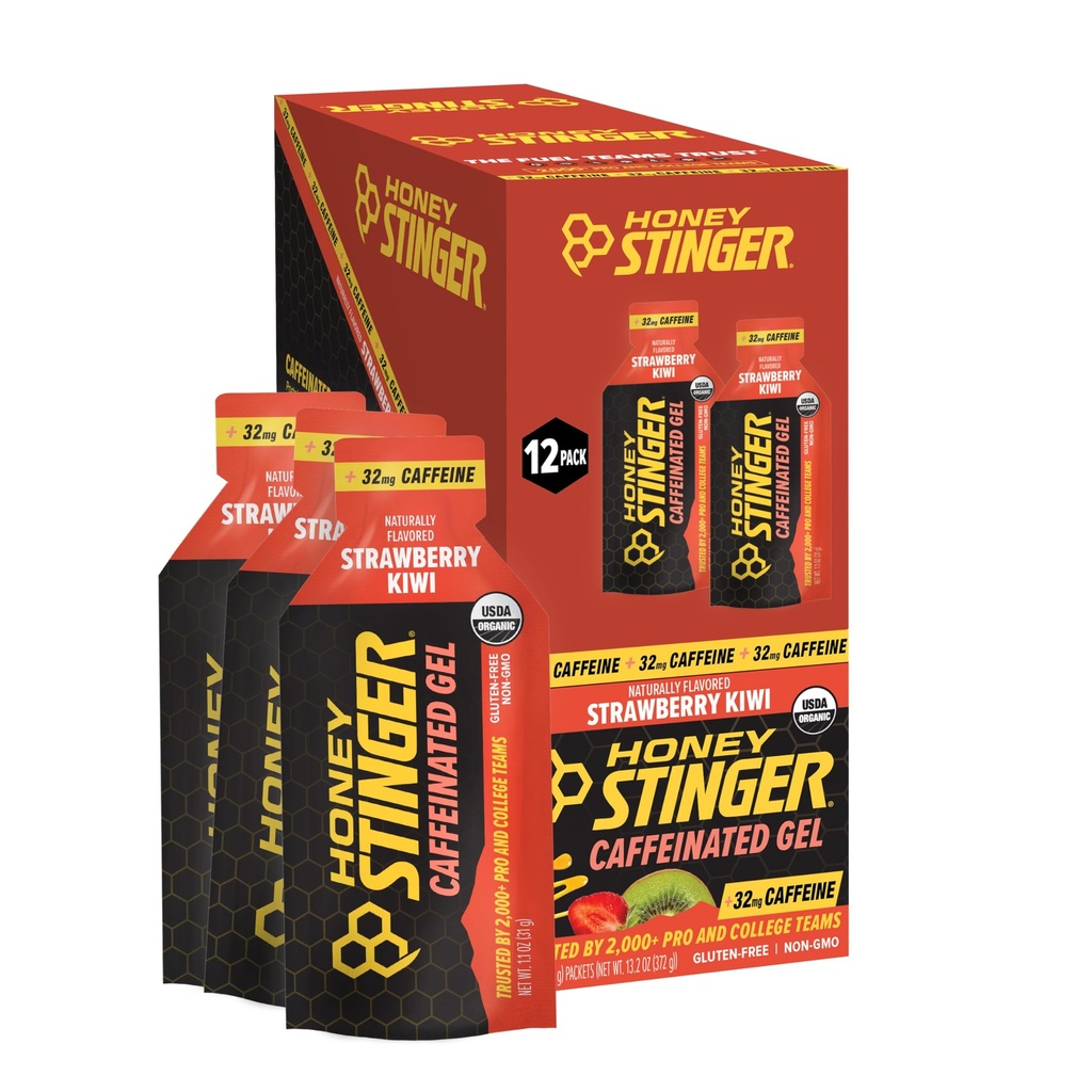 Μέλι Stinger Organic Strawberry Kiwi Energy Gel, Caffeinated & Gluten Free, για άσκηση, τρέξιμο και απόδοση, Αθλητική Διατροφή για το σπίτι & Γυμναστήριο, Προ και μέση προπόνηση, 12 Πακέτο, 13.2 Ουγγιά