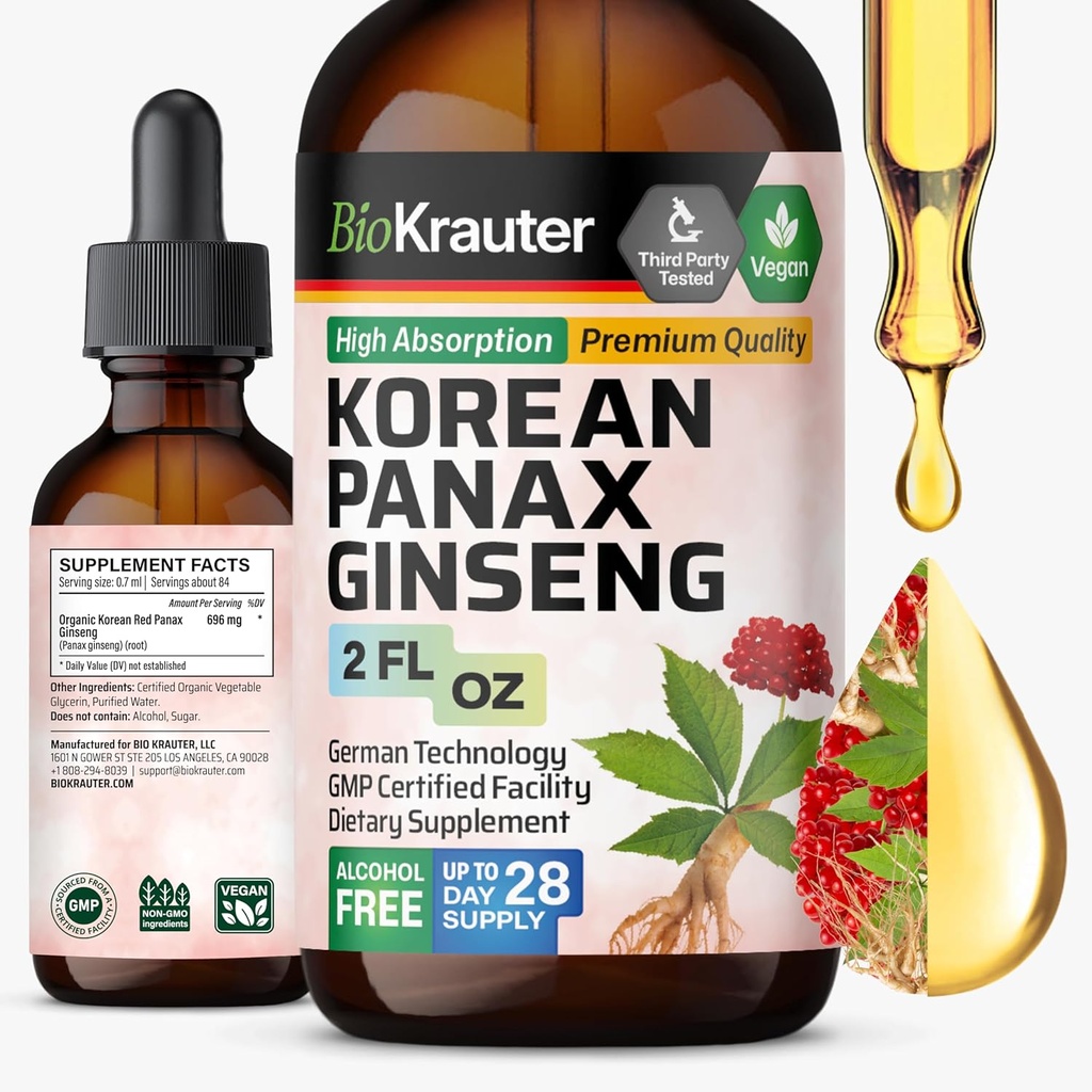 BIO KRAUTER Panax Ginseng Extract Υγρό - Κορεατικό Κόκκινο Ginseng Συμπλήρωμα Αλκοόλ Δωρεάν - Ανοσολογική Υποστήριξη - Vegan, Ζάχαρη Δωρεάν - 2 FL.Oz.