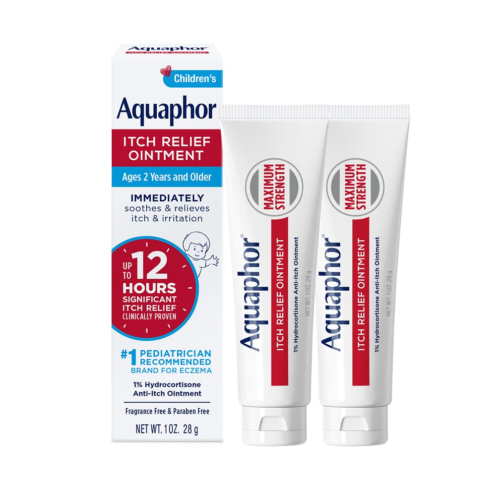 Aquaphor Children's Itch Relief Ointment, 1% Hydrocortisone Anti Itch Ointment for Skin Irritation, Insect Bites, Psoriasis, Skin Rashes Eczema & Poison Ivy, Fragrance Free, 1 Oz Tube, Pack of 2