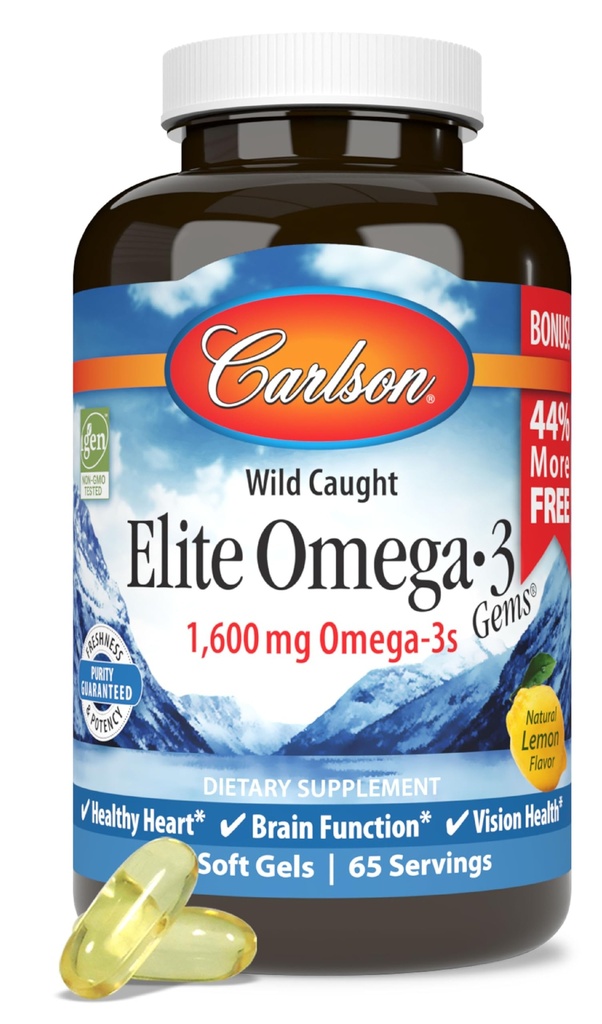 Carlson - Elite Omega-3 Gems, 1600 mg Ωμέγα-3 Λιπαρά Οξέα Συμπεριλαμβανομένων των EPA και DHA, Νορβηγικά, συμπλήρωμα ιχθυελαίου άγριας καλλιέργειας, Που προέρχονται Βιώσιμα Ωμέγα 3 Κάψουλες ιχθυελαίου, λεμόνι, 130 Softgels