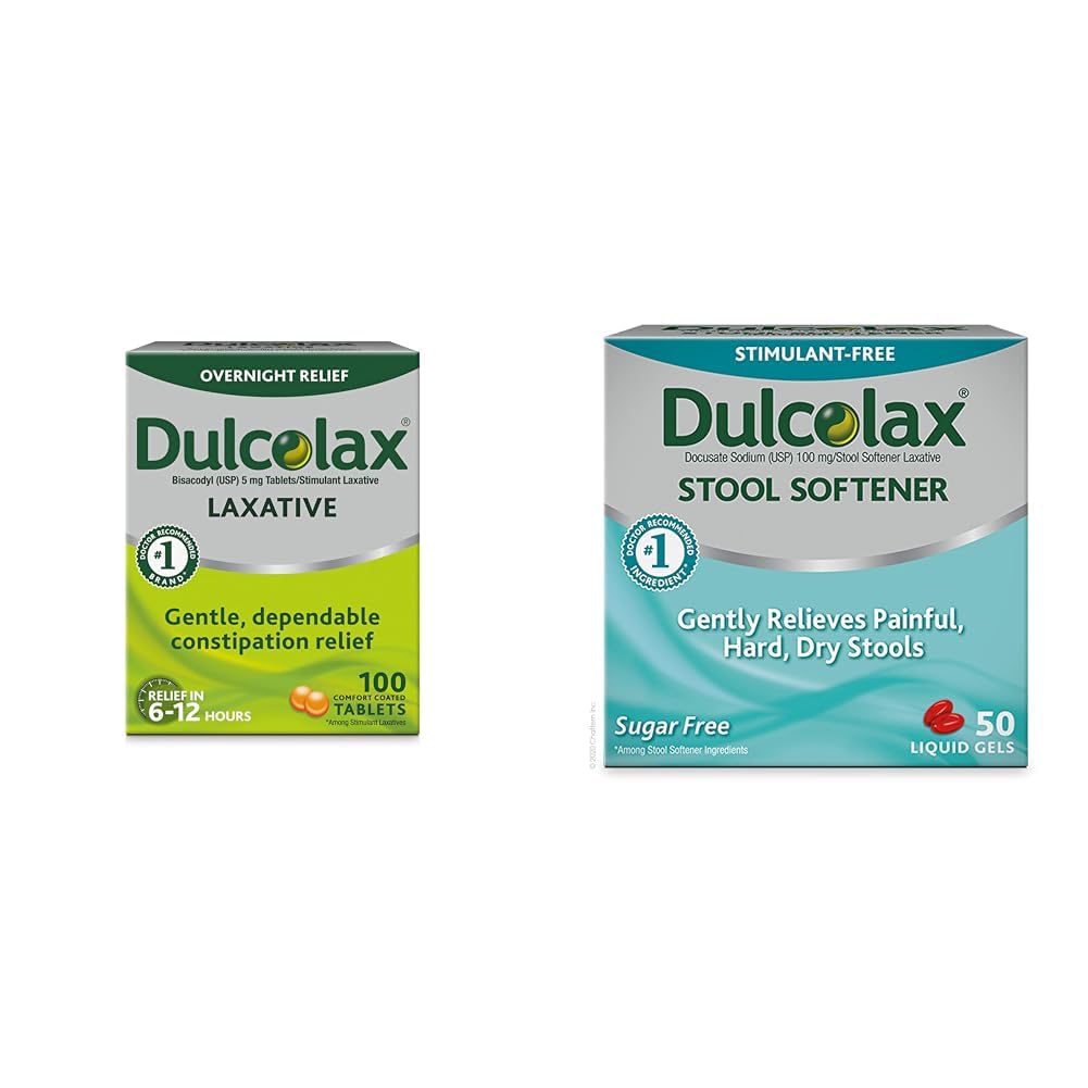 Dulcolax Διεγερτικά Laxative Tablets (100 Count) Απαλή Διανυκτέρευση Δυσκοιλιότητα Ανακούφιση, Bisacodyl 5mg & Αποσκληρυντής Αποσκληρυντικού Υγρού Gel Κάψουλες (50ct) Απαλή Ανακούφιση, Δοκιμαστικό Νάτριο 100mg