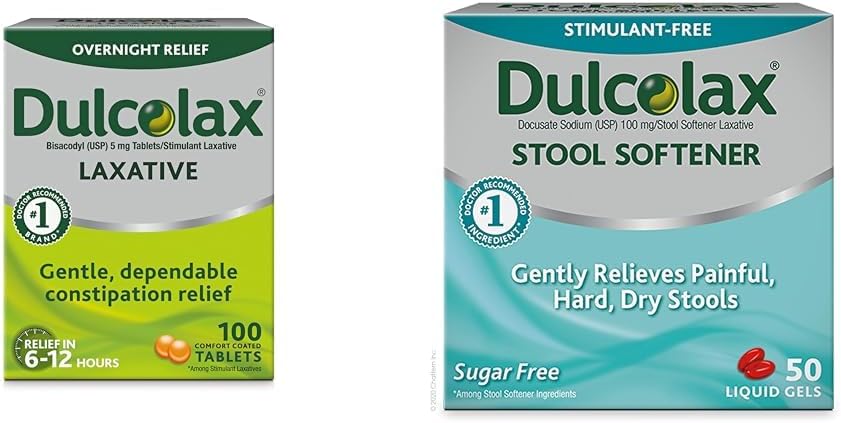 Dulcolax Διεγερτικά Laxative Tablets (100 Count) Απαλή Διανυκτέρευση Δυσκοιλιότητα Ανακούφιση, Bisacodyl 5mg & Αποσκληρυντής Αποσκληρυντικού Υγρού Gel Κάψουλες (50ct) Απαλή Ανακούφιση, Δοκιμαστικό Νάτριο 100mg