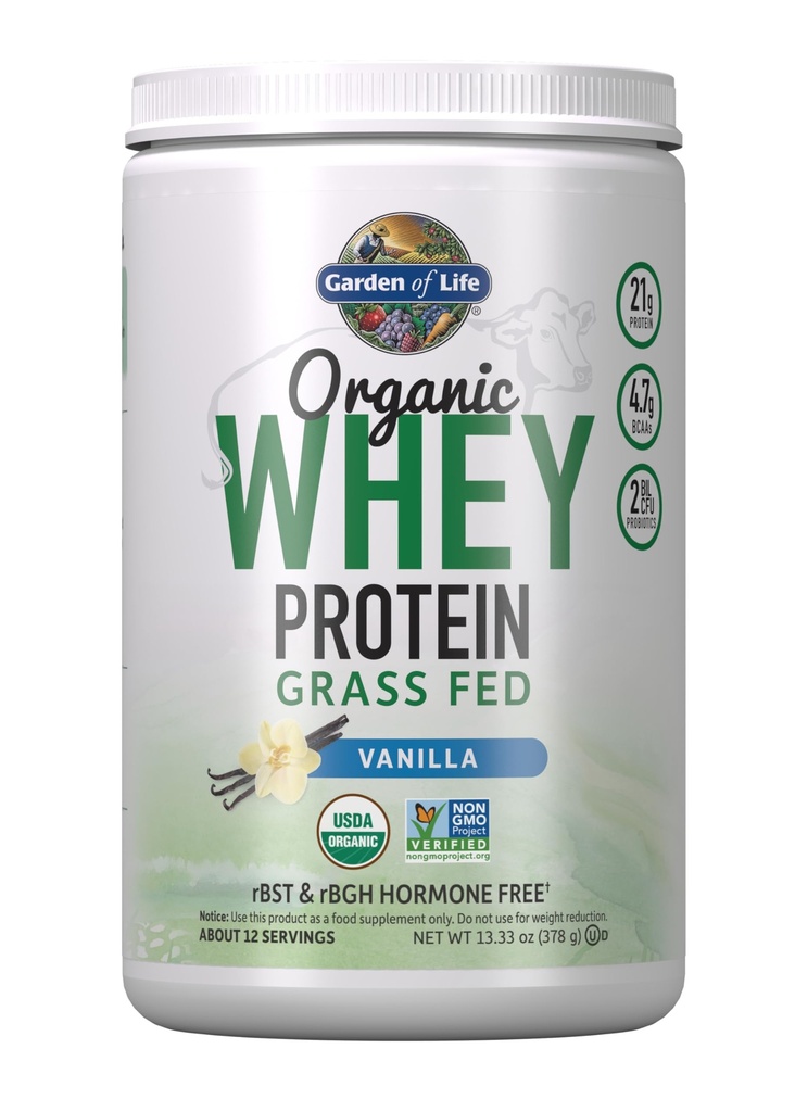 Garden of Life Grass Fed Whey Protein Powder Vanilla - 21g Πρωτεΐνη για γυναίκες & άνδρες + Προβιοτικά - 12 εξυπηρετούν - Χωρίς γλουτένη, μη GMO, Kosher, Humane, RBST & rBGH Hormone Δωρεάν