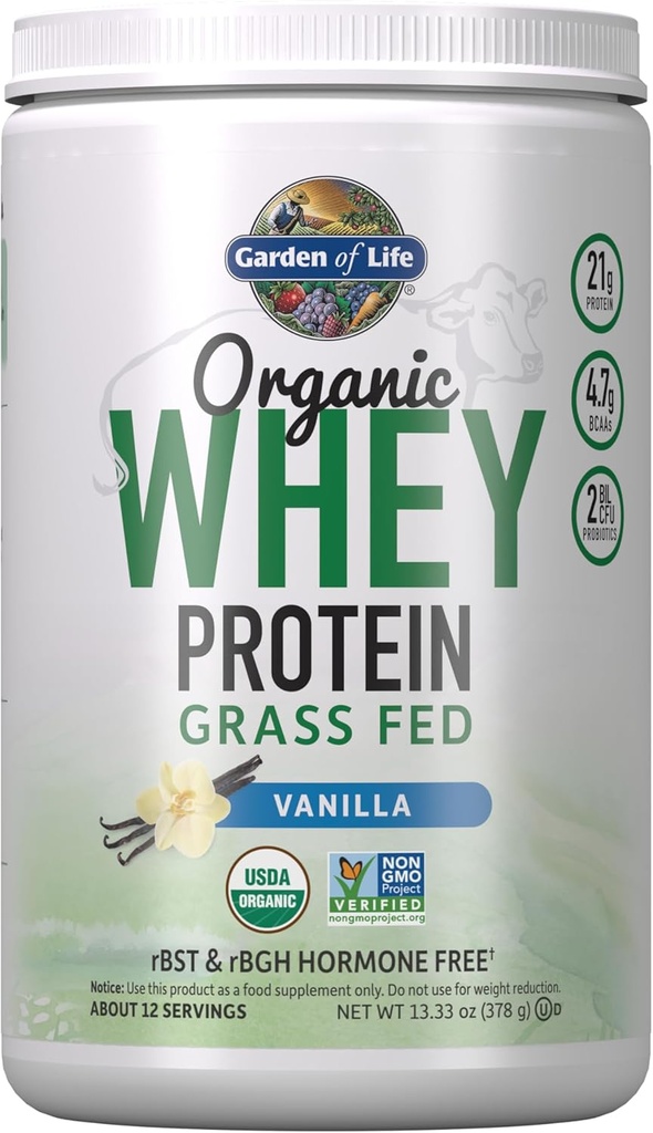 Garden of Life Grass Fed Whey Protein Powder Vanilla - 21g Protein for Women & Men + Probiotics - 12 Servings - Gluten Free, Non GMO, Kosher, Humane, RBST & rBGH Hormone Free