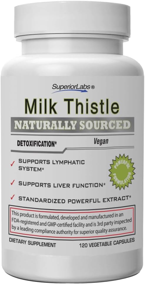 Superior Labs Milk Thittle NonGMO - 80% Silymarin Flavonoids - Ισχυρή φόρμουλα για υγιές συκώτι, νεφρό, Detox και λειτουργία, ενέργεια - 250mg 4:1 εκχύλισμα Yielding 1.000mg, 120 φυτικά καπάκια