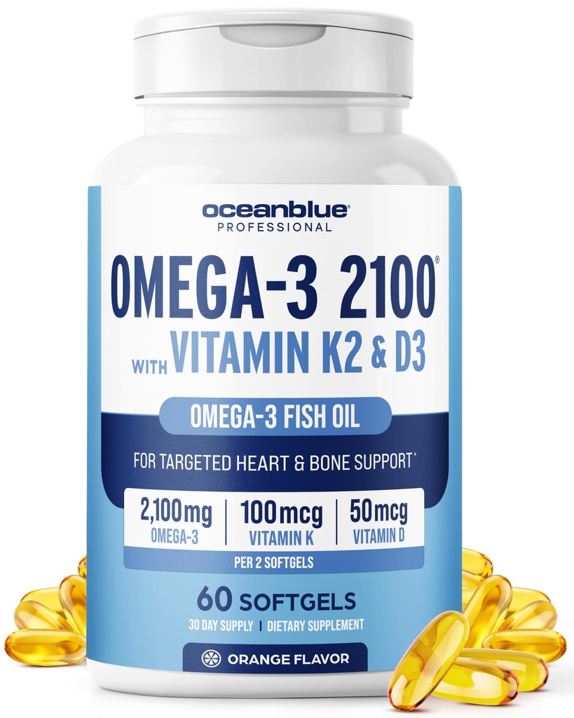 Oceanblue Professional Omega-3 2100 με βιταμίνη K2 και βιταμίνη D3-60 Count - τριπλή δύναμη Burpless Fish Oil Omega-3 συμπλήρωμα με EPA, DHA & DPA - Άγρια πιάστηκε - Πορτοκαλί Γεύση, 30 εξυπηρετούν