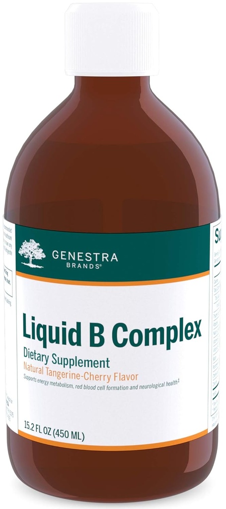 Genestra Brands Liquid B Complex | Broad Spectrum B-Vitamin Complex to Support Energy Metabolism, Red Blood Cell Formation, and Neurological Health | 15.2 fl. oz. | Natural Tangerine-Cherry Flavor