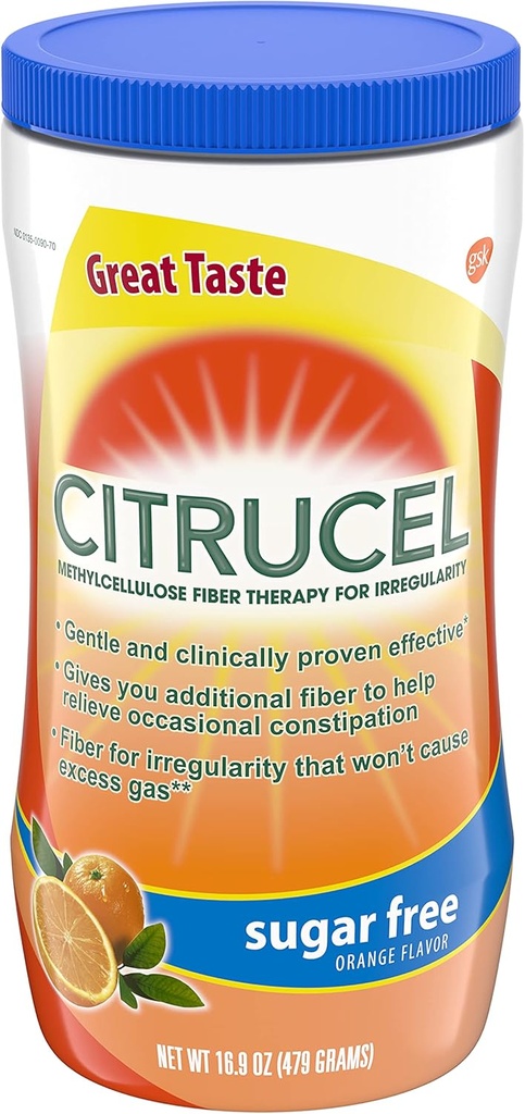 Citrucel Sugar Free Fiber σκόνη για περιστασιακή δυσκοιλιότητα ανακούφιση, μεθυλοκυτταρίνη Fiber σκόνη, πορτοκαλί άρωμα - 16.9 ουγγιά