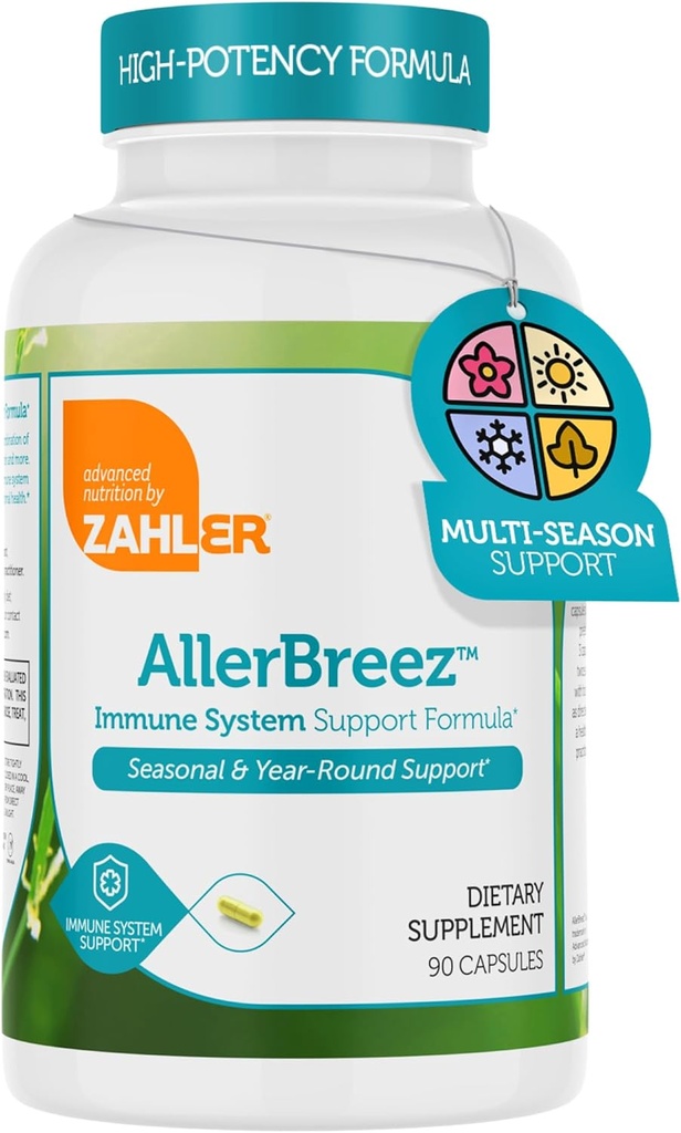 Zahler AllerBreez Ανοσοποιητικό Σύστημα Υποστήριξη Φόρμουλα με Βιταμίνη C, Quercetin, Βιταμίνη B5, MSM & Sting Nettle - Εποχική & Χρονο-Round Ανοσοποιητική Υποστήριξη Συμπλήρωμα, Αλλεργία Dist (90 Κάψουλες)