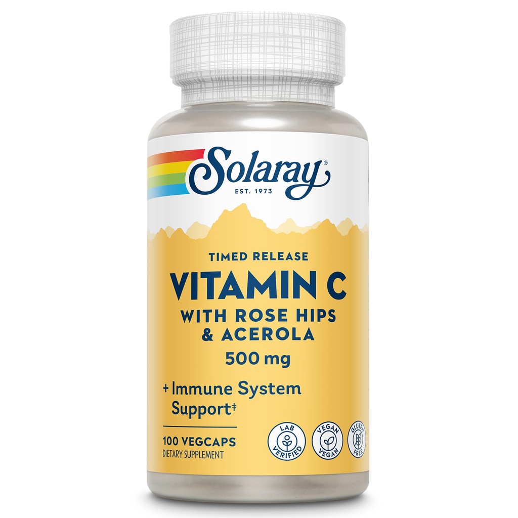 SOLARAY Vitamin C Capsules with Rose Hips - Vitamin C Supplement 500 mg for Adults, Antioxidant & Healthy Immune System Support for Women & Men, Timed Release - 100 Count Veg Caps