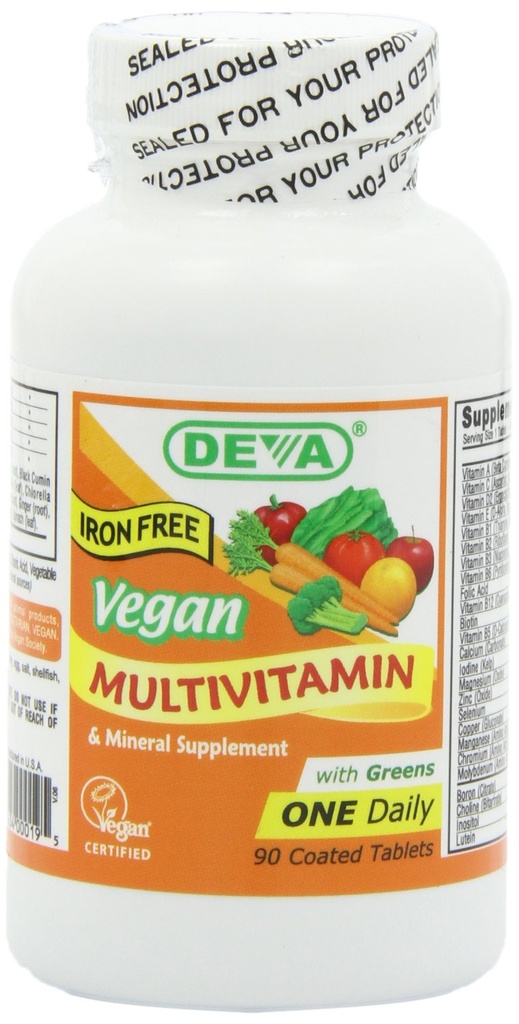 DEVA Vegan Iron-free Multivitamin & Mineral Supplement, Green Food Blend, Spirulina, Chlorella, Ashwagandha, Broccoli, 90 Επικαλυμμένα δισκία