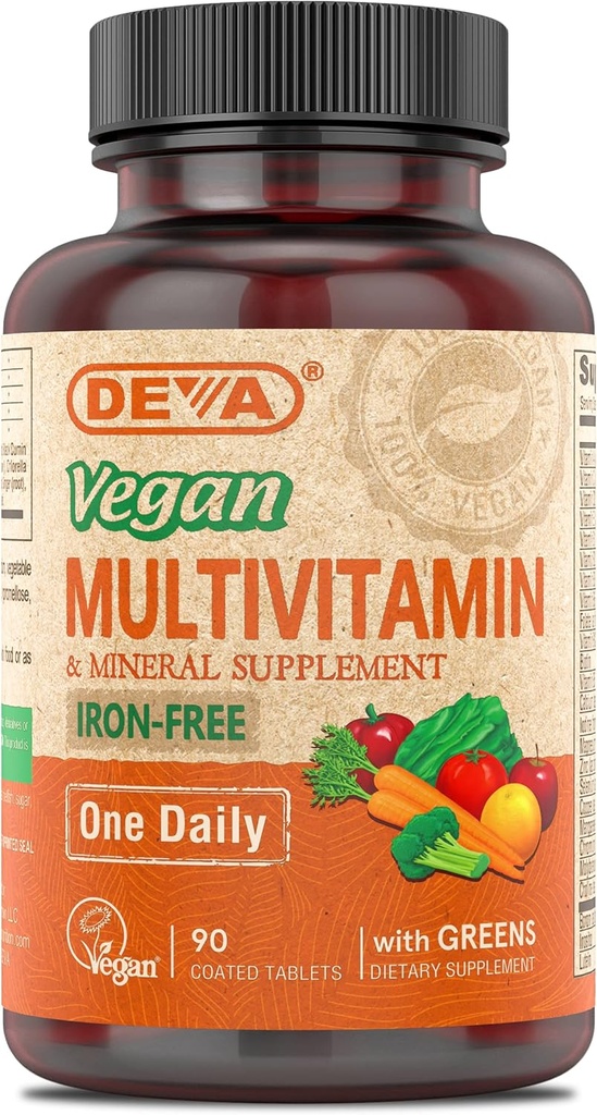 DEVA Vegan Iron-free Multivitamin & Mineral Supplement, Green Food Blend, Spirulina, Chlorella, Ashwagandha, Broccoli, 90 Επικαλυμμένα δισκία