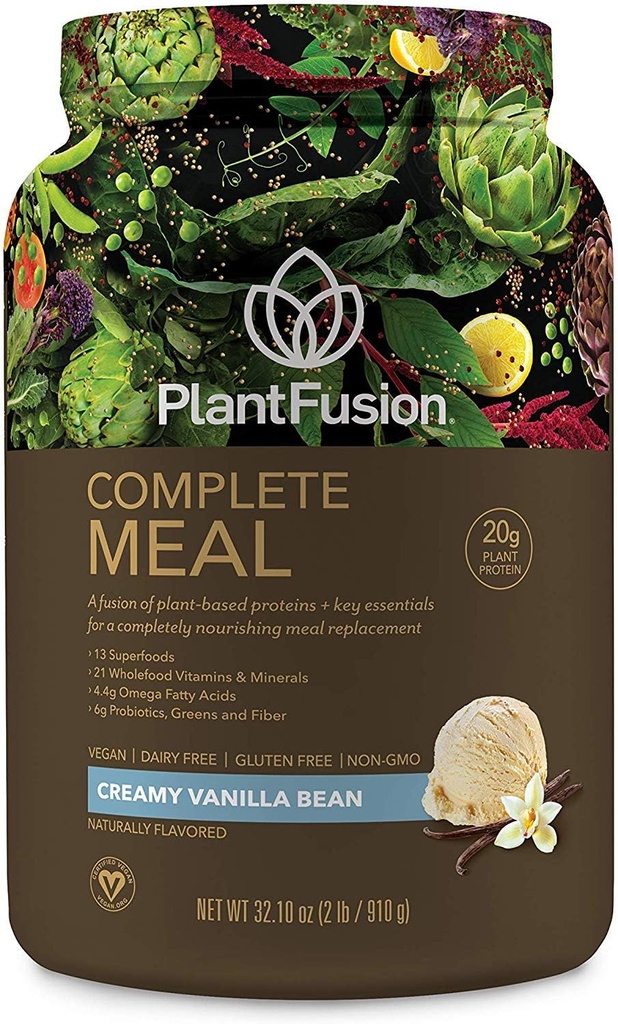 PlantFusion Complete Meal Replacement Shake - Σκόνη πρωτεΐνης φυτού με Superfoods, Πράσινα & Προβιοτικά - Vegan, Χωρίς γλουτένη, Χωρίς σόγια, Χωρίς ζάχαρη, Χωρίς GMO - Βανίλια 2 lb
