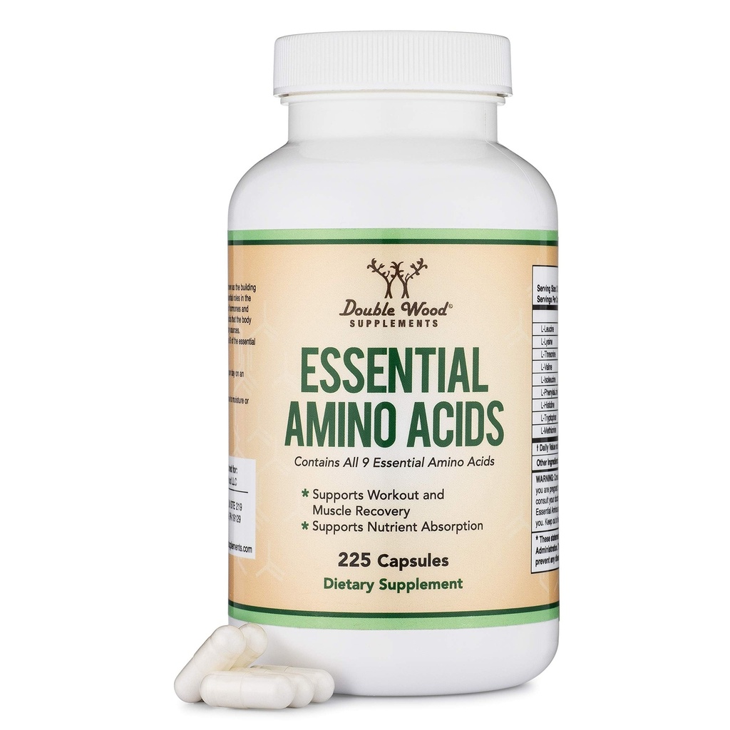 Essential Amino Acids - 1 γραμμάριο ανά σκόνη σερβιρίσματος Όλα τα 9 Essential Aminos (EAA) και όλα τα διακλαδισμένα- Chain Aminos (BCAAs) (Λευκίνη, Ισολευκίνη, Βαλίνη) 225 κάψουλες, Χωρίς γλουτένη από διπλό ξύλο