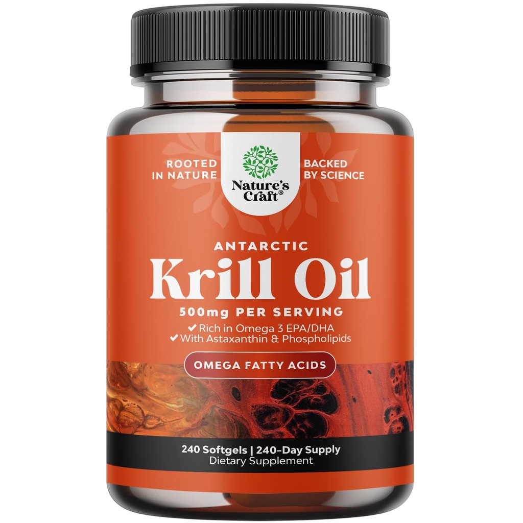 Antarctic Krill Oil Softgels - Omega 3 Krill Oil Supplement with EPA DHA & Astaxanthin for Brain & Healthy Heart Health - No Gluten GMOs or Fishy Aftertaste - 240 Count