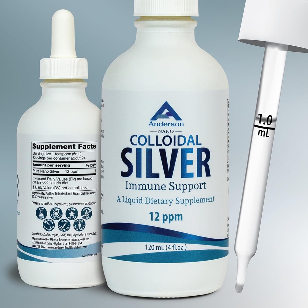 Nano Colloidal Silver Liquid για ανοσοποιητική υποστήριξη, 12 PPM Deionized Silver, 4 Oz γυάλινο μπουκάλι με μετρητή σταγονόμετρο, 24 εξυπηρετούν