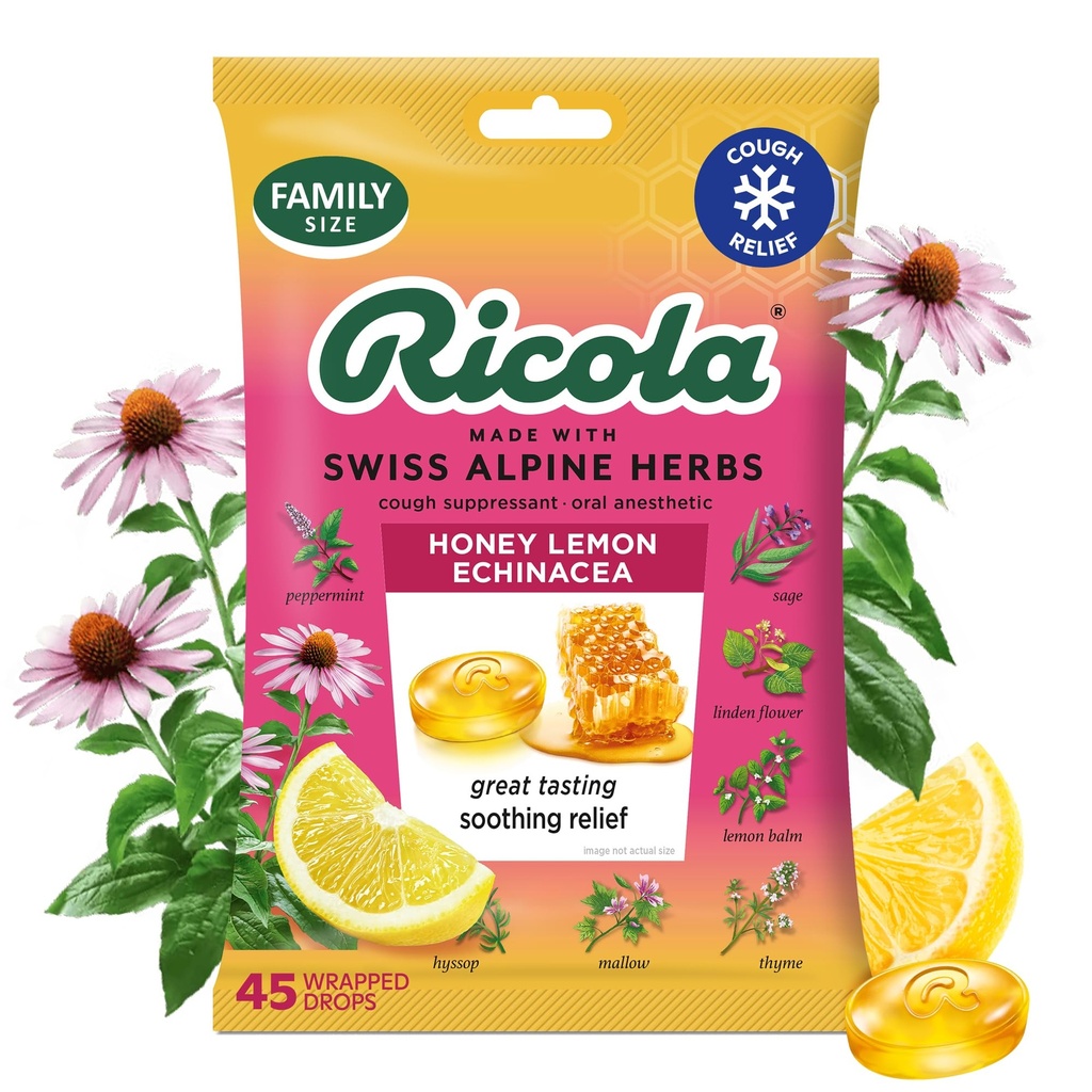 Ρίκολα Μέλι Λεμόνι με Echinacea Cough Drops, 45 Count, Delicious Lroat Relief & Care, Στοματική Αναισθησία, Φυσικά Γεύση