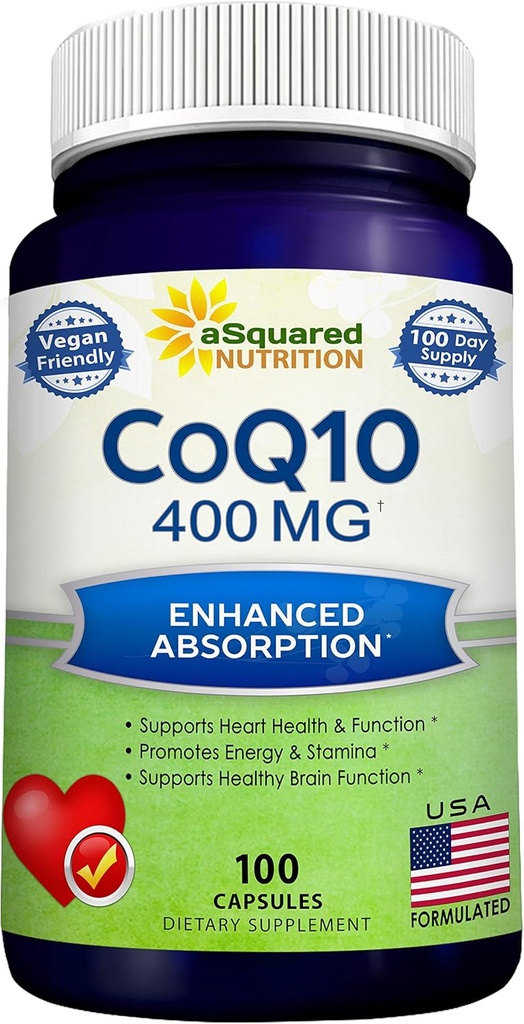 aSquared Nutrition CoQ10 (400mg Max Strength, 100 Veggie Capsules) - Υψηλή απορρόφηση Συνένζυμο Q10 Κόνις - Χάπια Συμπλήρωμα Ubiquinone, Extra Antioxidant CO Q-10 Ενζύμων Βιταμίνες Δισκία, Coq 10 400 mg