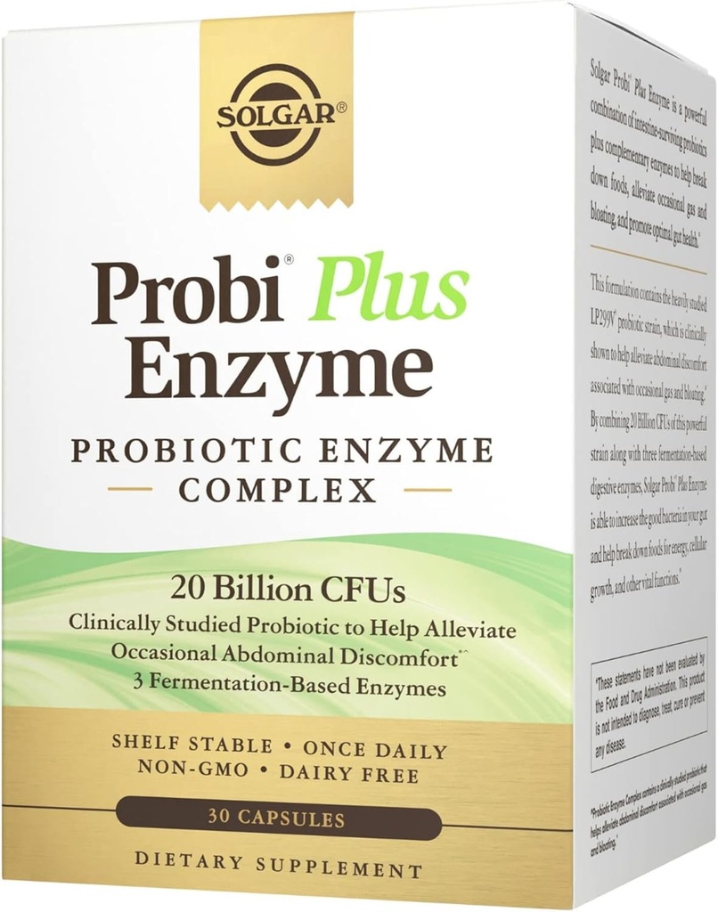 Solgar Probi Plus Enzyme Complex, 30 Κάψουλες - 20 δις CFU Probiotic Plus Enzymes - Μια φορά την ημέρα - Κλινικά-Μελέτη για το Alleviate Occasional Gas & Bloating - Μη ΓΤΟ & Γαλακτοκομικά Χωρίς, 30 Σερβιέτες