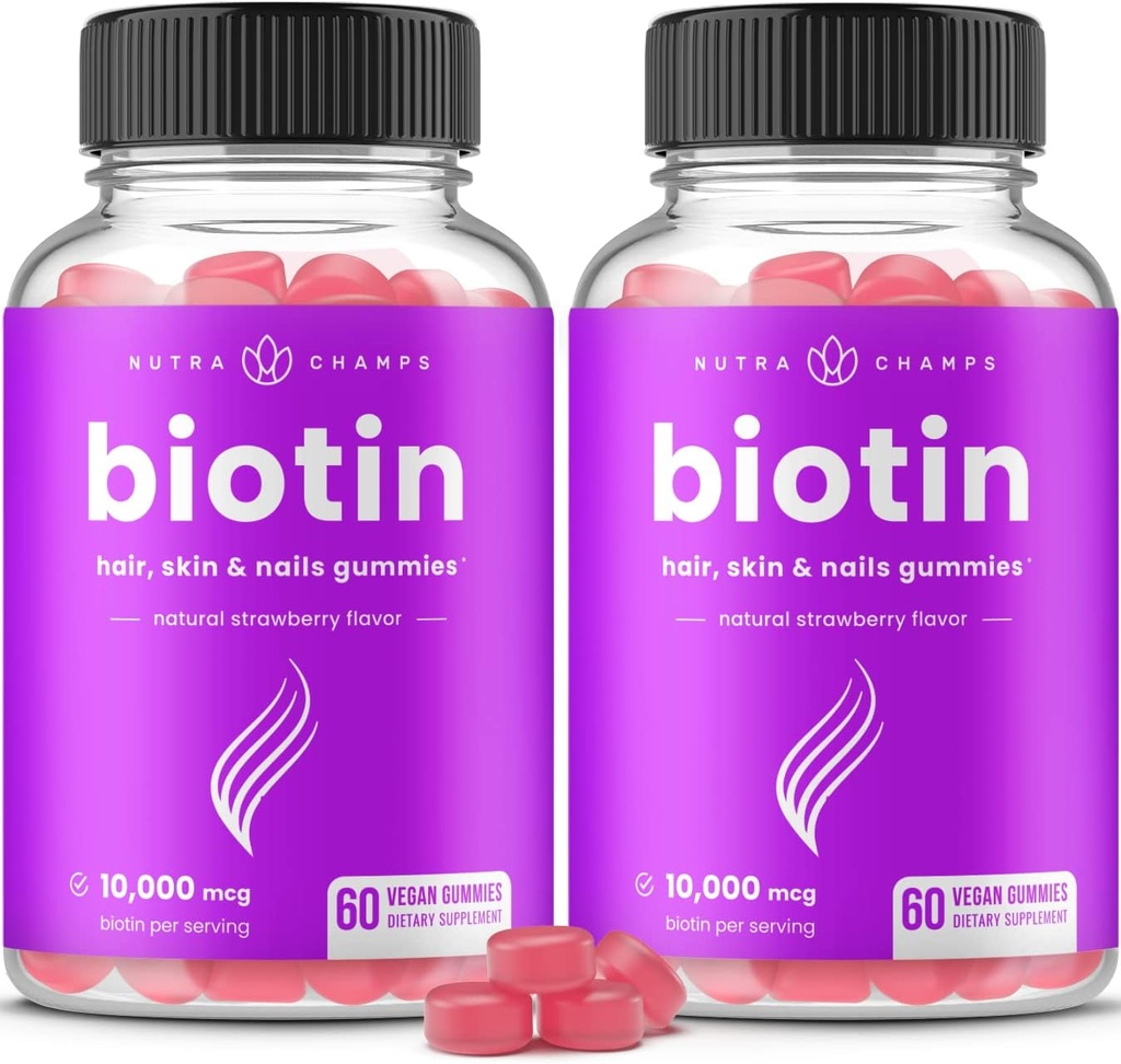 NutraChamps (2 Pack) Biotin Gummies 10.000mcg [High Potency] για υγιή μαλλιά, δέρμα & νύχια για ενήλικες & παιδιά - 5000mcg σε κάθε Gummy Βιταμίνη - Vegan, μη GMO, Pectin-based συμπλήρωμα υγείας μαλλιών