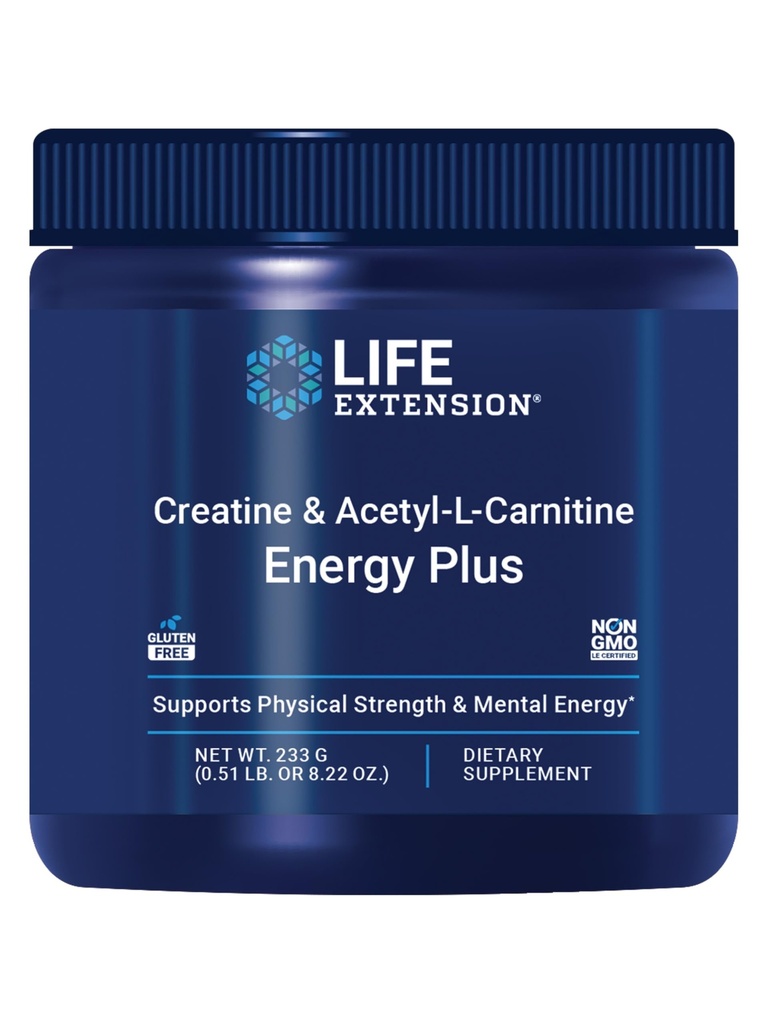 Επέκταση ζωής Creatine Acetyl-L-Καρνιτίνη Ενέργεια Plus, συμπλήρωμα υποστήριξης ενέργειας, μονοϋδρική κρεατίνη, Acetyl-L-καρνιτίνη, χωρίς γλουτένη, μη ΓΤΟ, χορτοφάγοι, 30 εξυπηρετούν