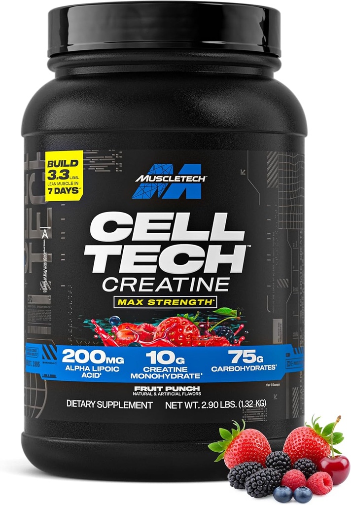 MuscleTech Creatine Monohydrate Powder Cell-Tech Creatine Post Workout Recovery Drink Muscle Builder Για άνδρες & γυναίκες Μύες Building Συμπληρώματα Punch φρούτων, 3 lbs (27 Serv)