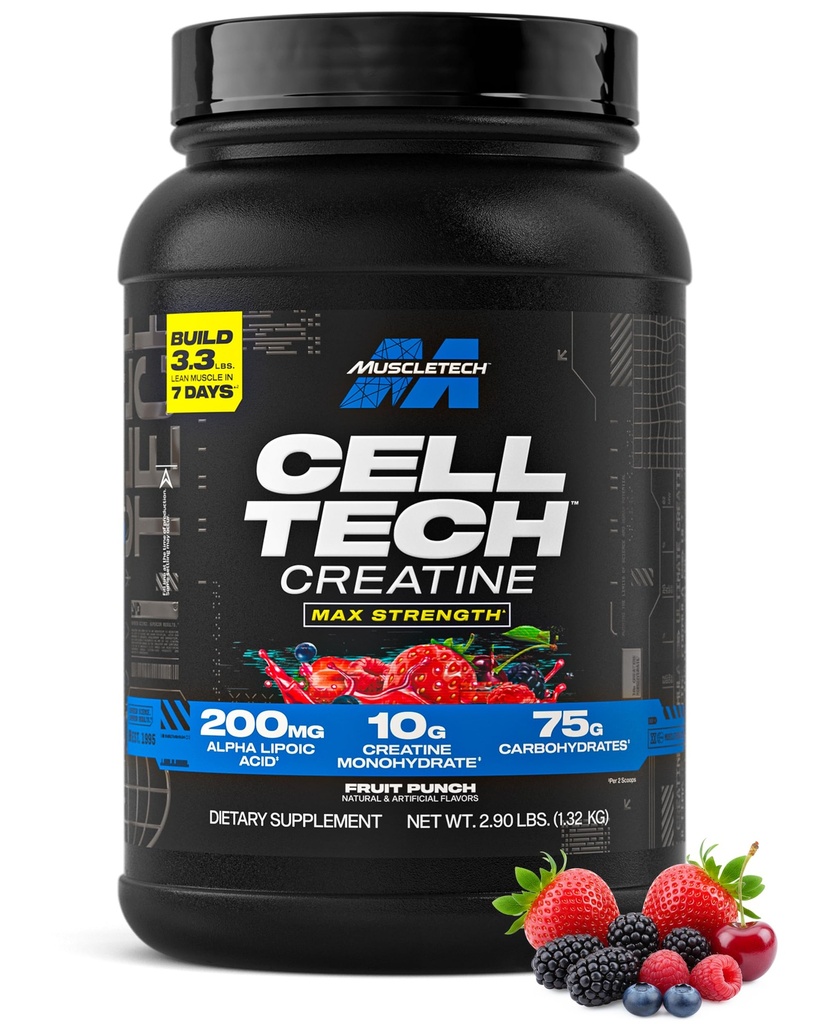 MuscleTech Creatine Monohydrate Powder Cell-Tech Creatine Post Workout Recovery Drink Muscle Builder For Men & Women Muscle Building Supplements Fruit Punch, 2.90 lbs (27 Serv)