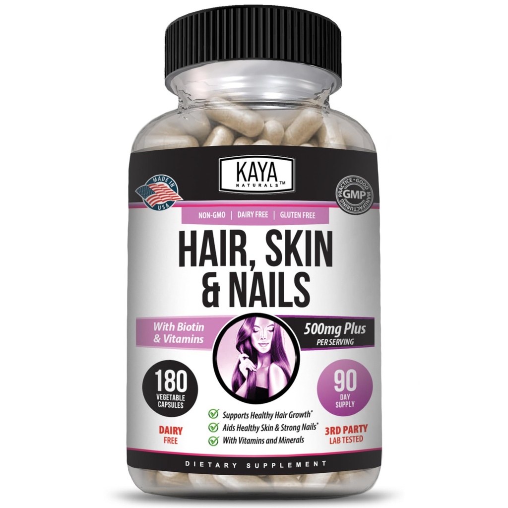 Κάψουλες καρφιών Kaya Naturals BIOTIN Vitamin D Vitamin B-12 A Follic Acid Support, συμπλήρωμα βιταμίνης υποστήριξης μαλλιών - 180 Count