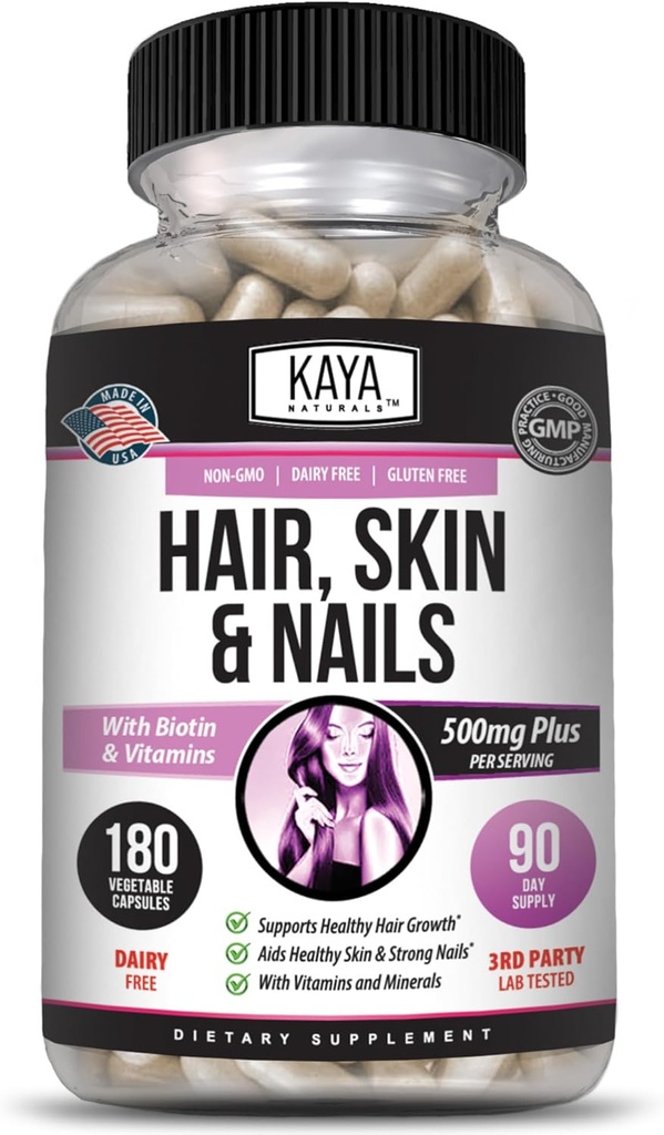 Κάψουλες καρφιών Kaya Naturals BIOTIN Vitamin D Vitamin B-12 A Follic Acid Support, συμπλήρωμα βιταμίνης υποστήριξης μαλλιών - 180 Count
