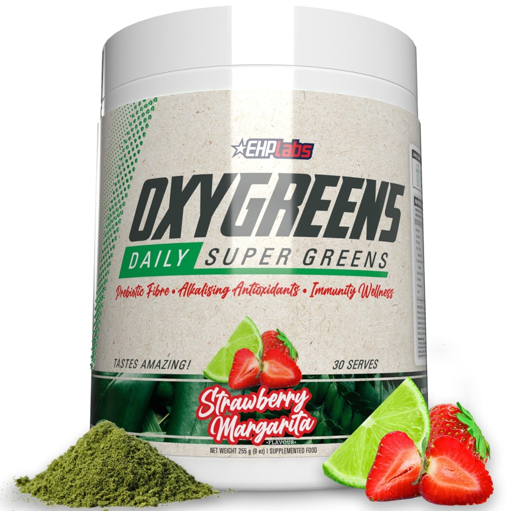 EHP Labs OxyGreens Super Greens Powder - Spirulina & Chlorella Superfood, Green Juice Powder & Greens Συμπληρώματα με Προβιοτικές Ίνες, Αντιοξειδωτικά & Υποστήριξη Ανοσίας, 30 Σερβίρεται (Strawb. Μαργαρίτα)