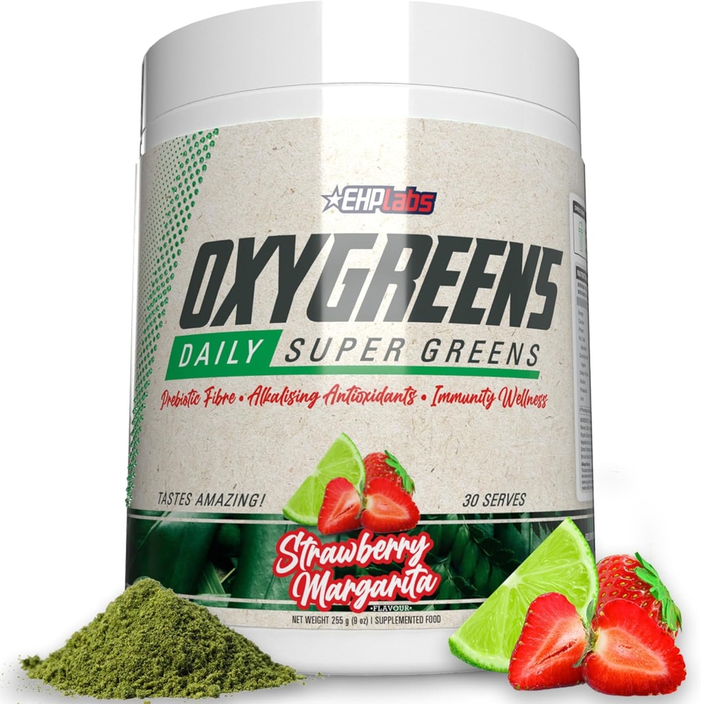 EHP Labs OxyGreens Super Greens Powder - Spirulina & Chlorella Superfood, Green Juice Powder & Greens Supplements with Prebiotic Fibre, Antioxidants & Immunity Support, 30 Serves (Strawb. Margarita)