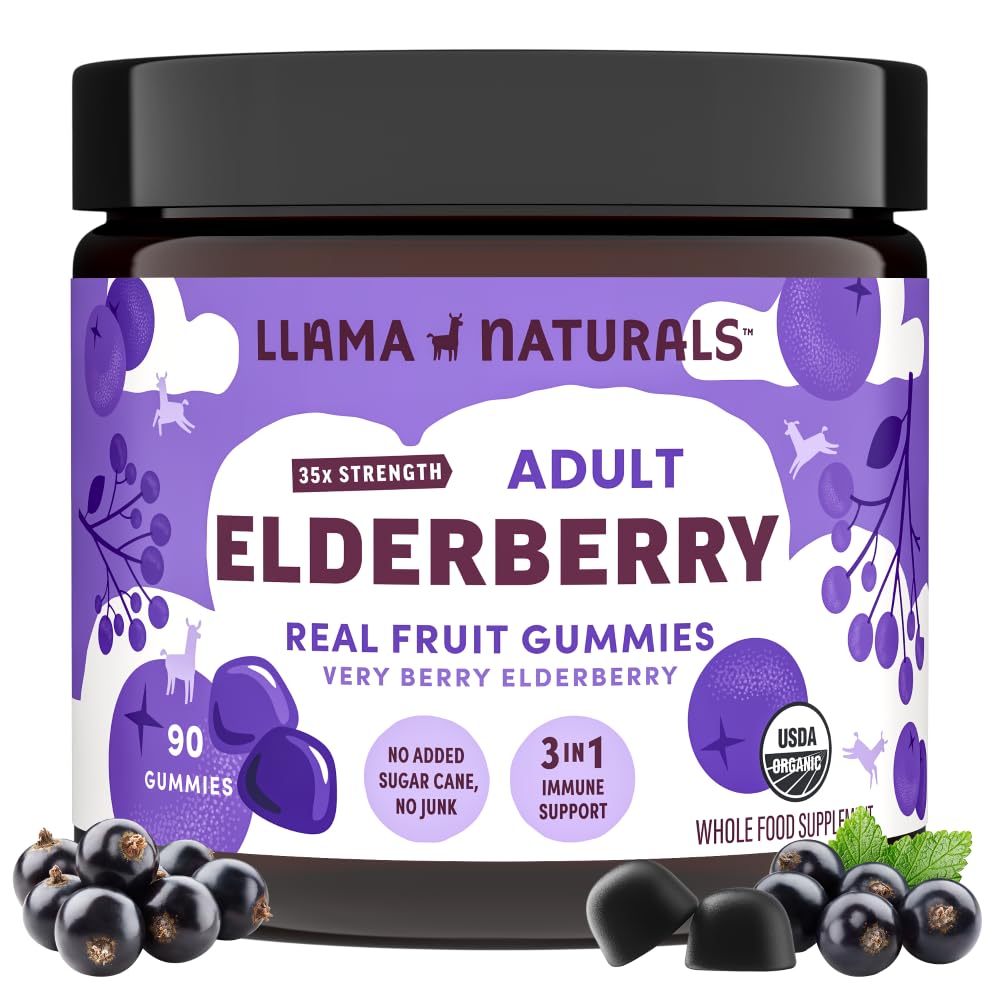 Llama Naturals Gummies Elderberry για ενήλικες, Vegan, συμπλήρωμα οργανικής ανοσοποιητικής υποστήριξης με βιταμίνη C και ψευδάργυρο, βιταμίνες πραγματικής κρέμας φρούτων για την ανοσία, μασώμενα, χωρίς προσθήκη ζαχαροκάλαμου, 90 Ct