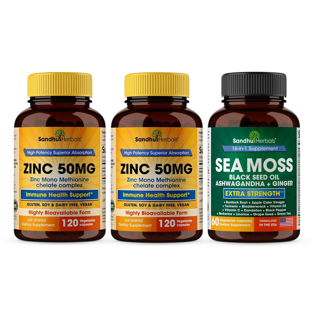 Sandhu Herbals Zinc 50mg & Sea Moss Black Seed Oil Ashwagandha Ginger Burdock Root συμπλήρωμα για άνδρες και γυναίκες